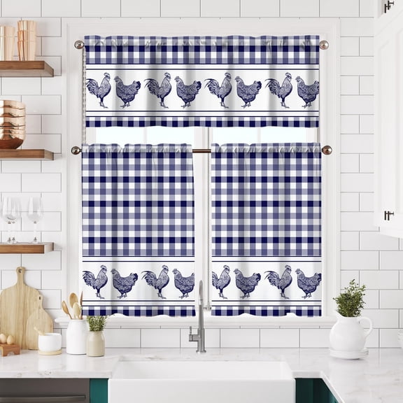 Blue Rooster Kitchen Curtains Short and Valance Set Buffalo Plaid Country Farm Dining Room Fabric Curtain Drapes Retro Cafe Curtains with Valance for Home Decor