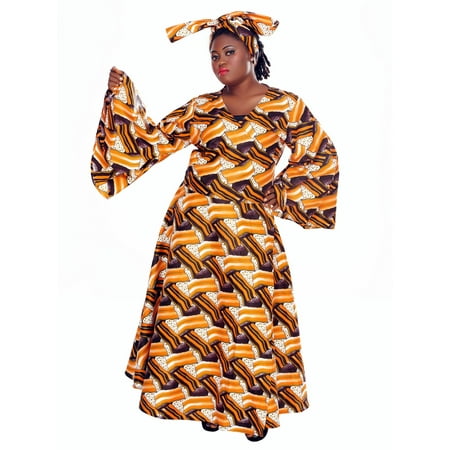 African Planet Women's V-Neck Wrap around dress Printed Orange Afro Centric Wax Bell sleeves Gele