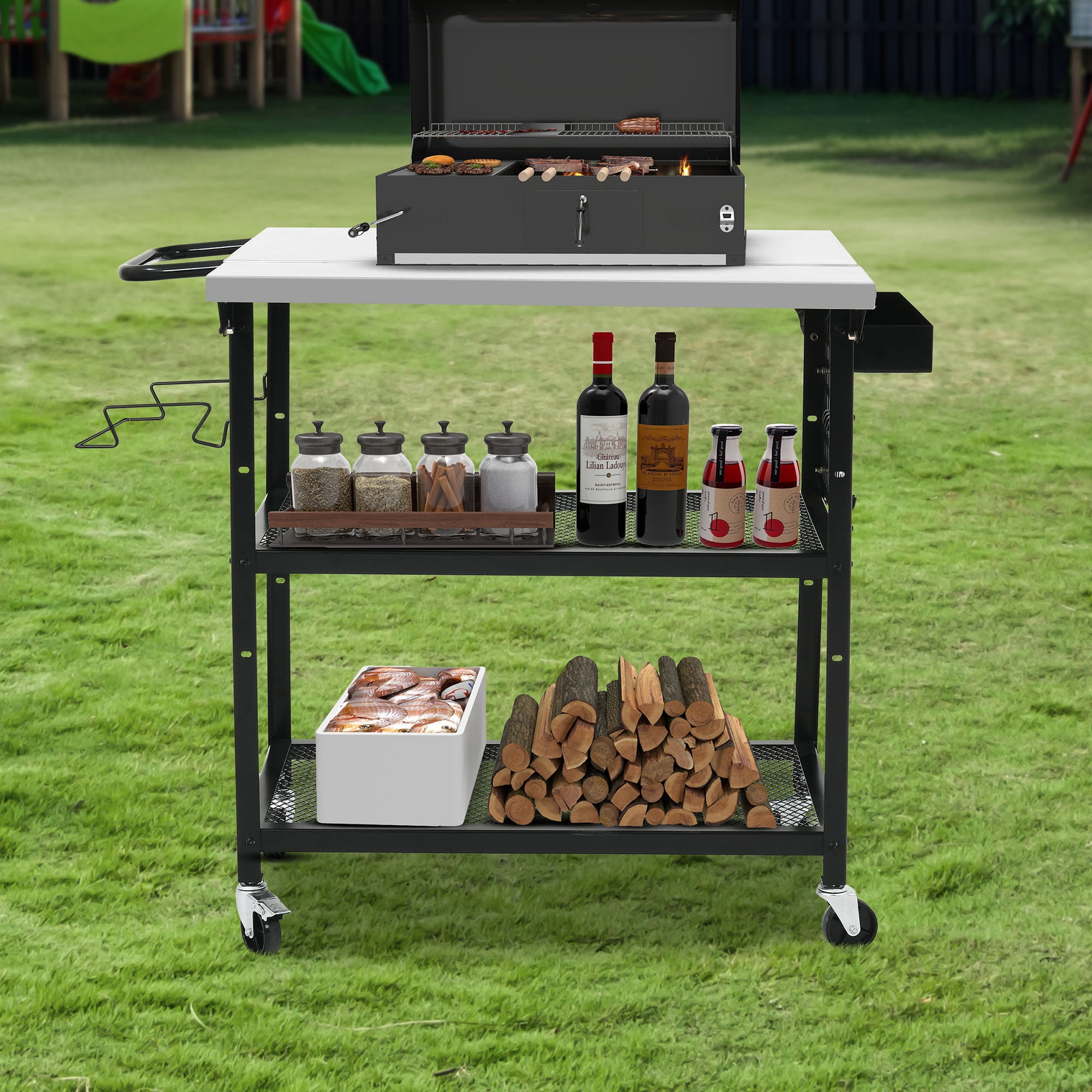 Uforic 3-Tier Grill Cart with Drop Leaf, Outdoor Island Table with Wheels & Hooks, Black