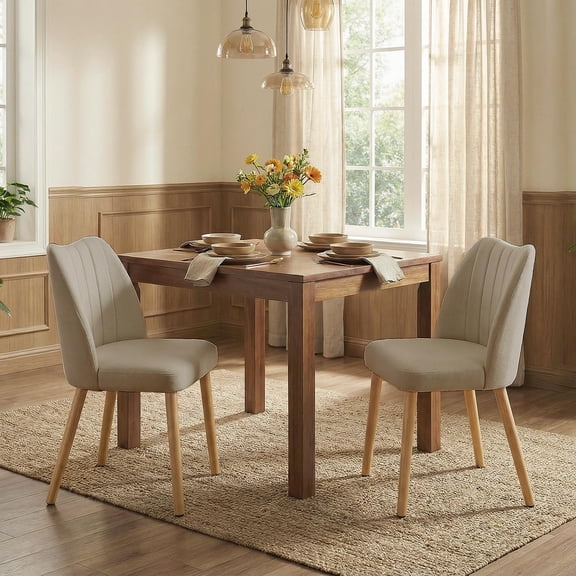 Set of 2 Upholstered Dining Chairs with Wooden Legs – Padded Backrest & Seat, 350 lbs Capacity, Modern Fabric Kitchen Chairs for Dining Room or Living Space(Khaki   Natural Wood Legs)