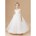 thumbnail image 2 of Floor length Flower Girl Dress Scoop Neck Tulle Applique Princess Pageant Dress Birthday Party Dress for Girls Elegant Floral Design Special Occasion White 4 -5 Years, 2 of 10