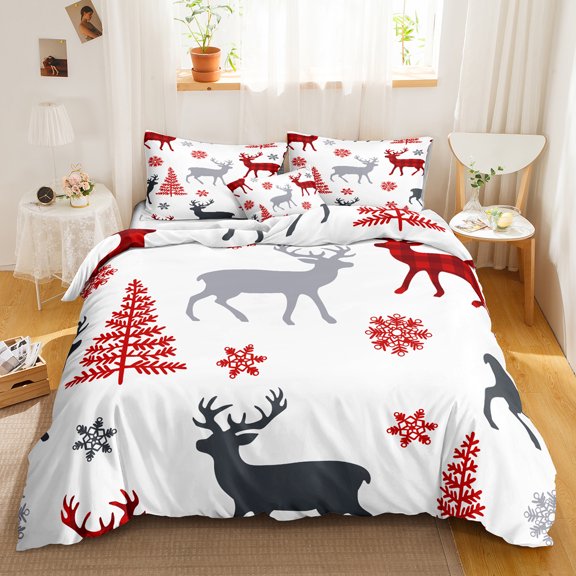 Move Over Chistmas Deer Bedding Sets King Red White Festival Duvet Cover Set Snowflake Deer Pattern Microfiber No Filling
