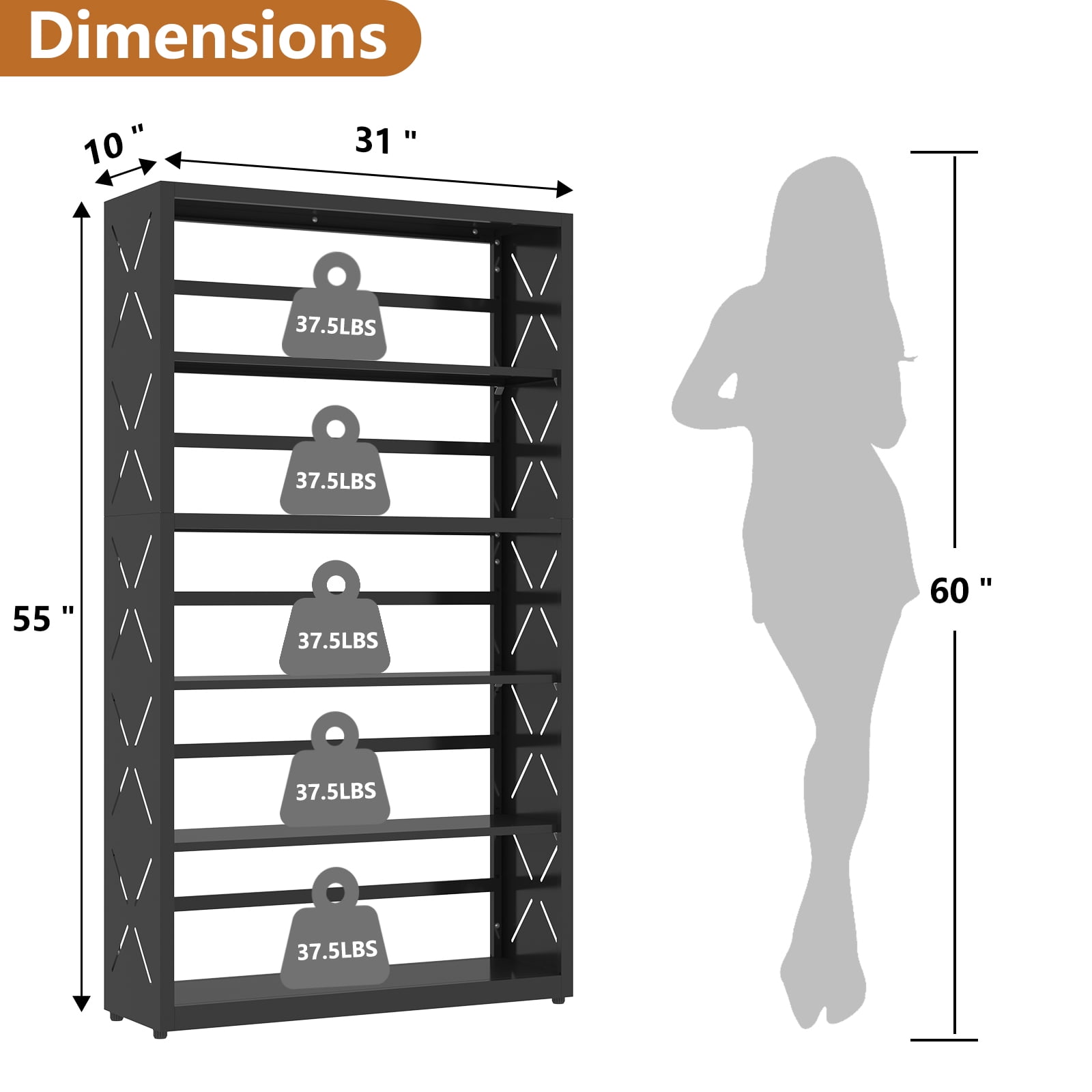 Polup 5-Tier Metal Shelves Bookcase with Bookends Industrial Adjustable Freestanding Black 1-Pack 55 in H x 31 in W
