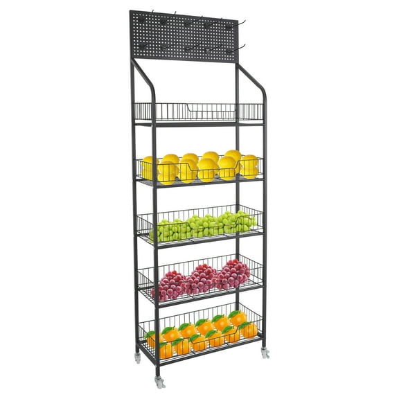 5 Tier Retail Display Rack, Black Iron Snack Display Organizer, Snack Rack Stand with Hooks and 4 Universal Wheels