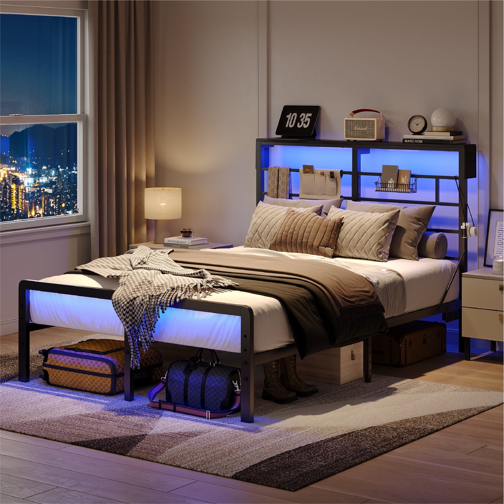 Bestier Queen Size Bed Frame with LED Headboard & Charging Station, Metal Platform Bed with 15.7'' Large Under Bed Storage, Black
