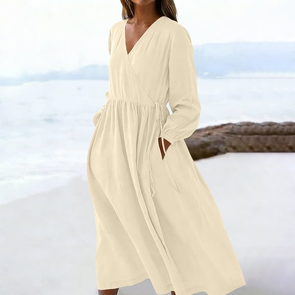 Maqroz Dresses for Women Long Sleeve Plus Size Cotton Linen V Neck Dress Elegant Puff Sleeves Midi Sundress Side Tie Wrap Dress with Pockets Beige S