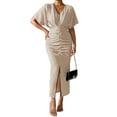 thumbnail image 2 of Womens Metallic Faux Wrap Cocktail Dress Solid Color V-Neck Pleated High Slit Short Sleeve Midi Dress M, 2 of 9
