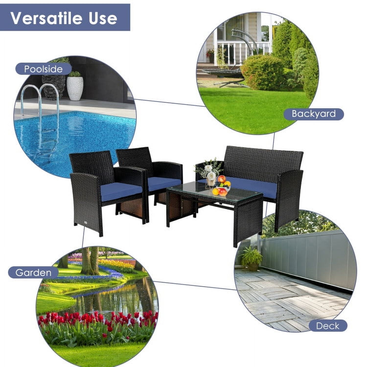 Aimee Lii 4 Pieces Wicker Patio Furniture Set, Coffee Table Cushioned Sofa, Modern Patio Furniture, Navy Aimee Lii 4 Pieces Wicker Patio Furniture Set, Coffee Table Cushioned Sofa, Modern Patio Furniture, Navy