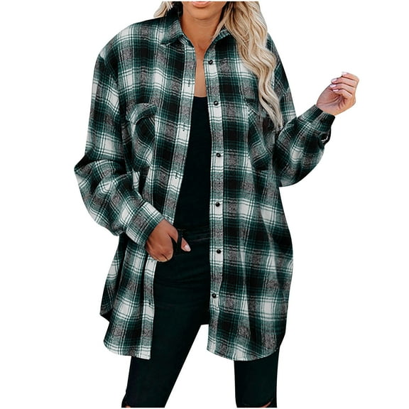 Usmixi Weekly Deals Shacket Jacket for Women Women Flannel Coat Button Down Lapel Classic Plaid Print Fleece Shirt Jacket Plus Size Comfy Woolen Outerwear with Pocket Winter Shacket Jacket
