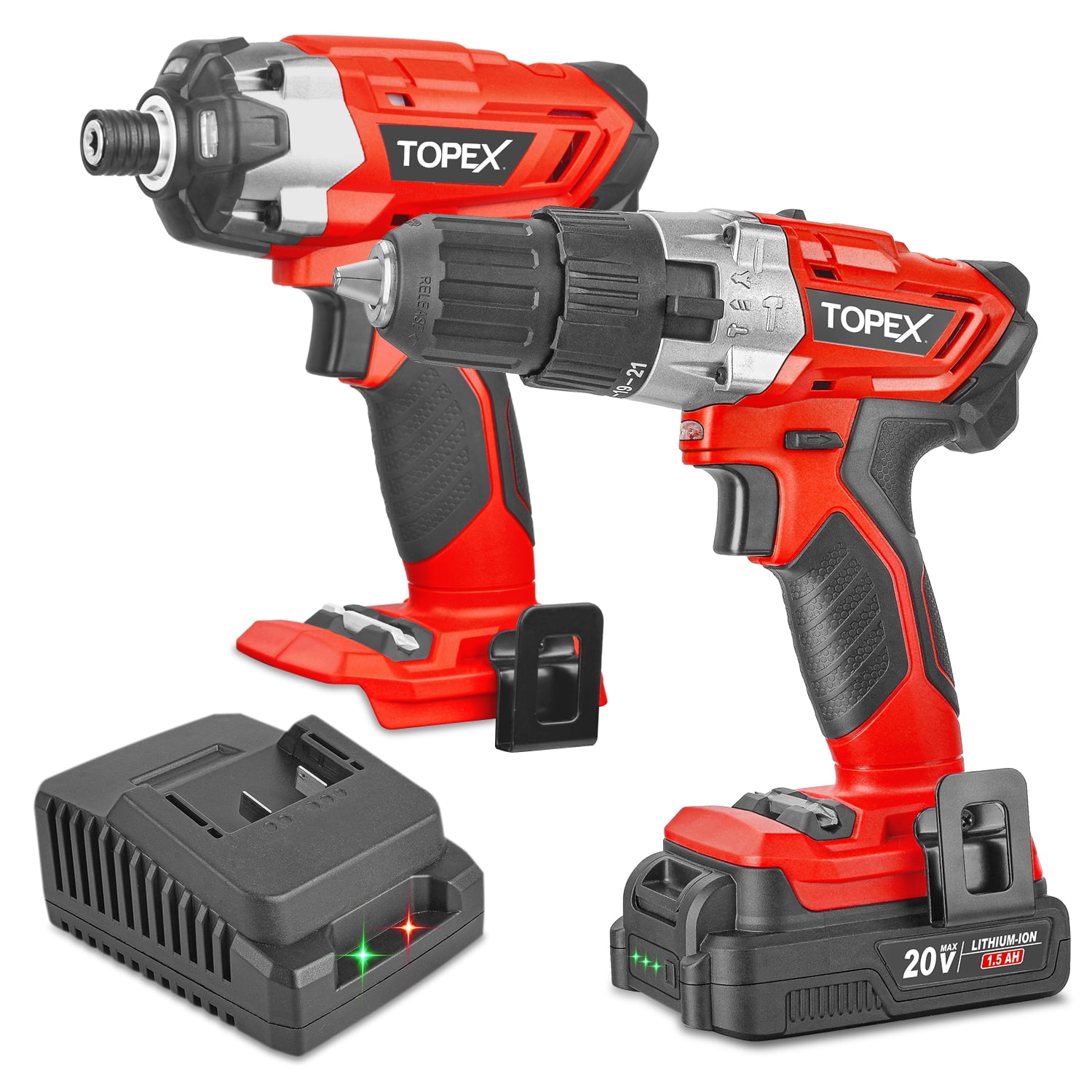 TOPEX 20V Cordless Hammer Drill & Impact Driver Combo Kit with Fast Charger and Lithium-Ion Battery