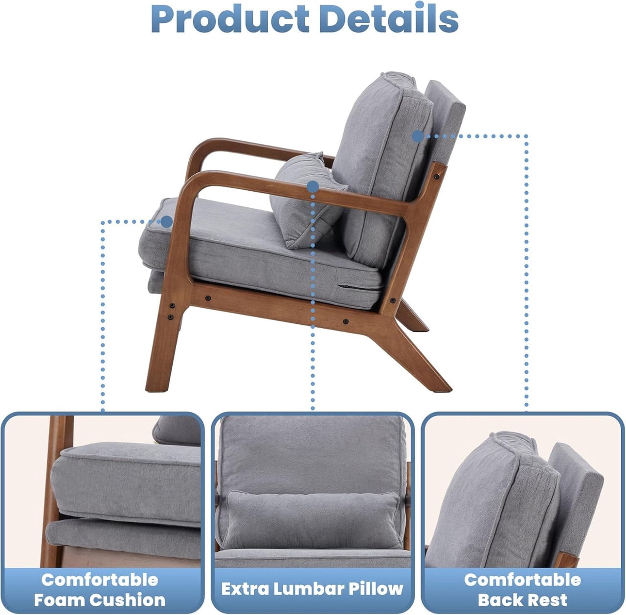 Simple Deluxe Accent Chair with Arms and Waist Pillow, Mid Century Modern Lounge Chair with Solid Wood Frame for Living Room, Bedroom, Gray