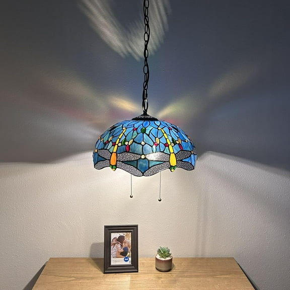 Tiffany Pendant Lights Blue Stained Glass Dragonfly LED Bulb Included for Dining Room Hotel Restaurant Cafe 16"W*16"D*75"H