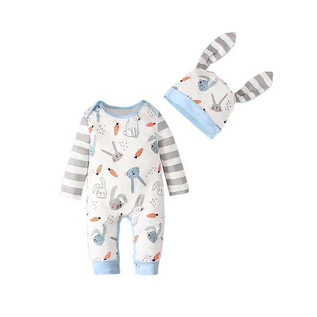 Honganda Combinaison Patchwork Rayée pour Garçons Tout-Petits Manches Longues/courtes Imprimé Rabbit + Chapeau de Dessin Animé