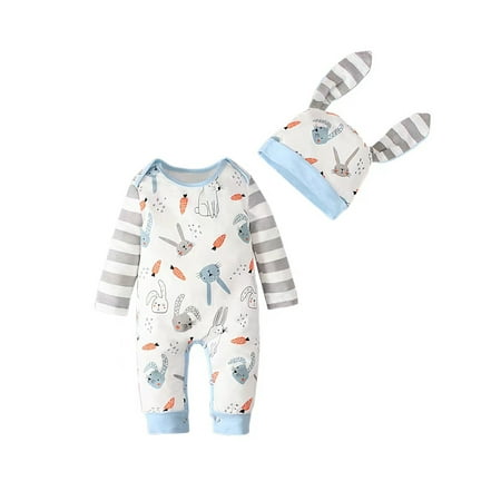 

Toddler Boy Striped Patchwork Jumpsuit Long/Short Sleeve Rabbit Print Romper + Cartoon Hat