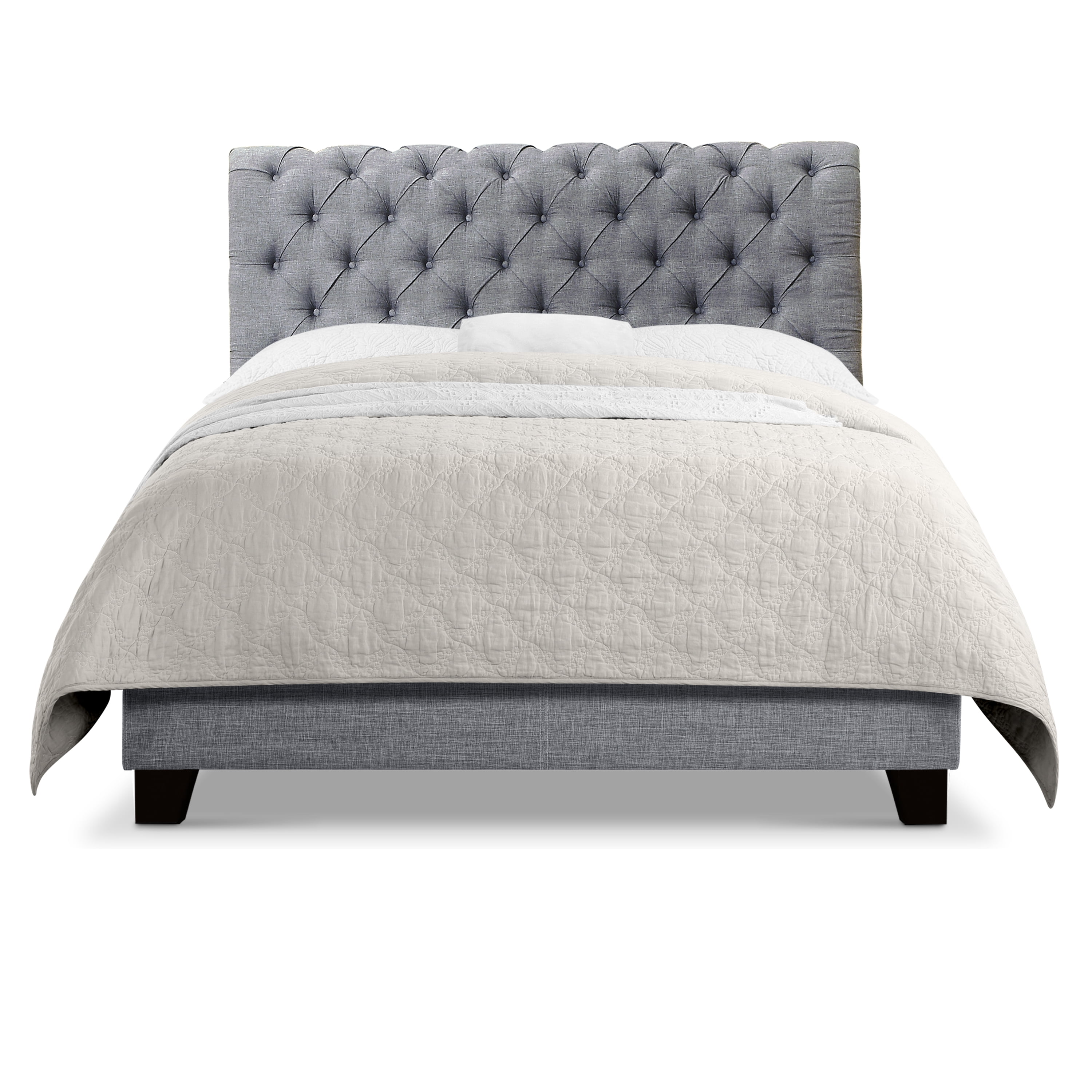 Gewnee Full Size Platform Bed Frame with Upholstered Linen Headboard, Wood Slat Support, Sturdy Construction, Box Spring Required, Grey