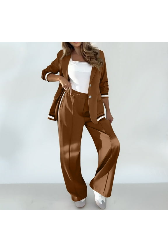 Womens Suit Sets 2 Piece Business Causal Outfits Oversized Soild Color formal Workwear Long Sleeve Button Lapel Blazer Jacket High Waist Loose Pleated Pants Wide Leg Trousers Fit Work Office