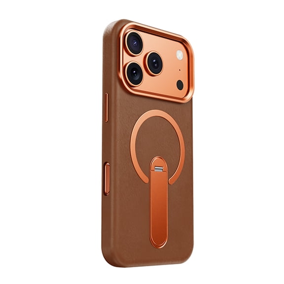 Dteck Strong Magnetic Leather Case for iPhone 17 Pro, Compatible with MagSafe, Rotatable Kickstand Shockproof Protective Cover,Brown