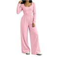 thumbnail image 5 of Diufon Long Sleeve Jumpsuits for Women Back Zipper Elastic Waist Square Neck Wide Leg Overalls Going Out Fall Outfit, 5 of 8