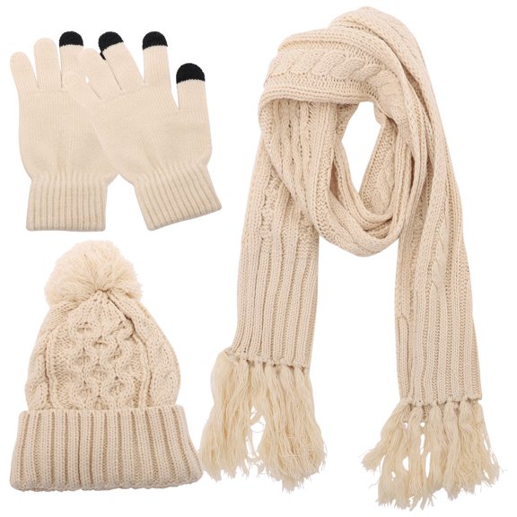 CATIEBYE 1Set Warm Beige Knitted Hat Scarf and Gloves Set Winter Set for Autumn and Cold