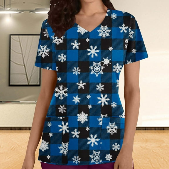 Babysbule Women's Fashion Short Sleeve V-Neck Tops Working Uniform Printed Womens Summer Tops With Pockets