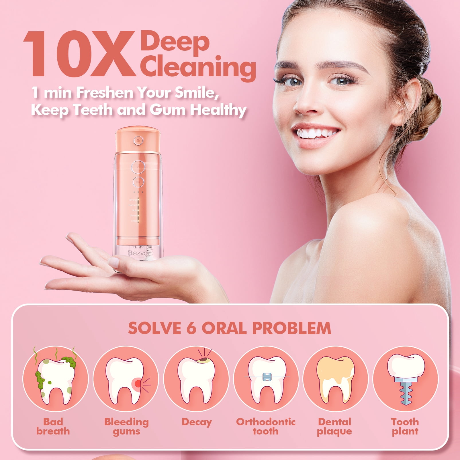 Bezvoi Water Flosser Cordless Travel, Mini Oral Irrigator with Telescopic Water Tank, 5 Modes, 6 Jet Tips, IPX7 Waterproof Electric Portable Water Teeth Cleaner Picks for Braces Bridges Care