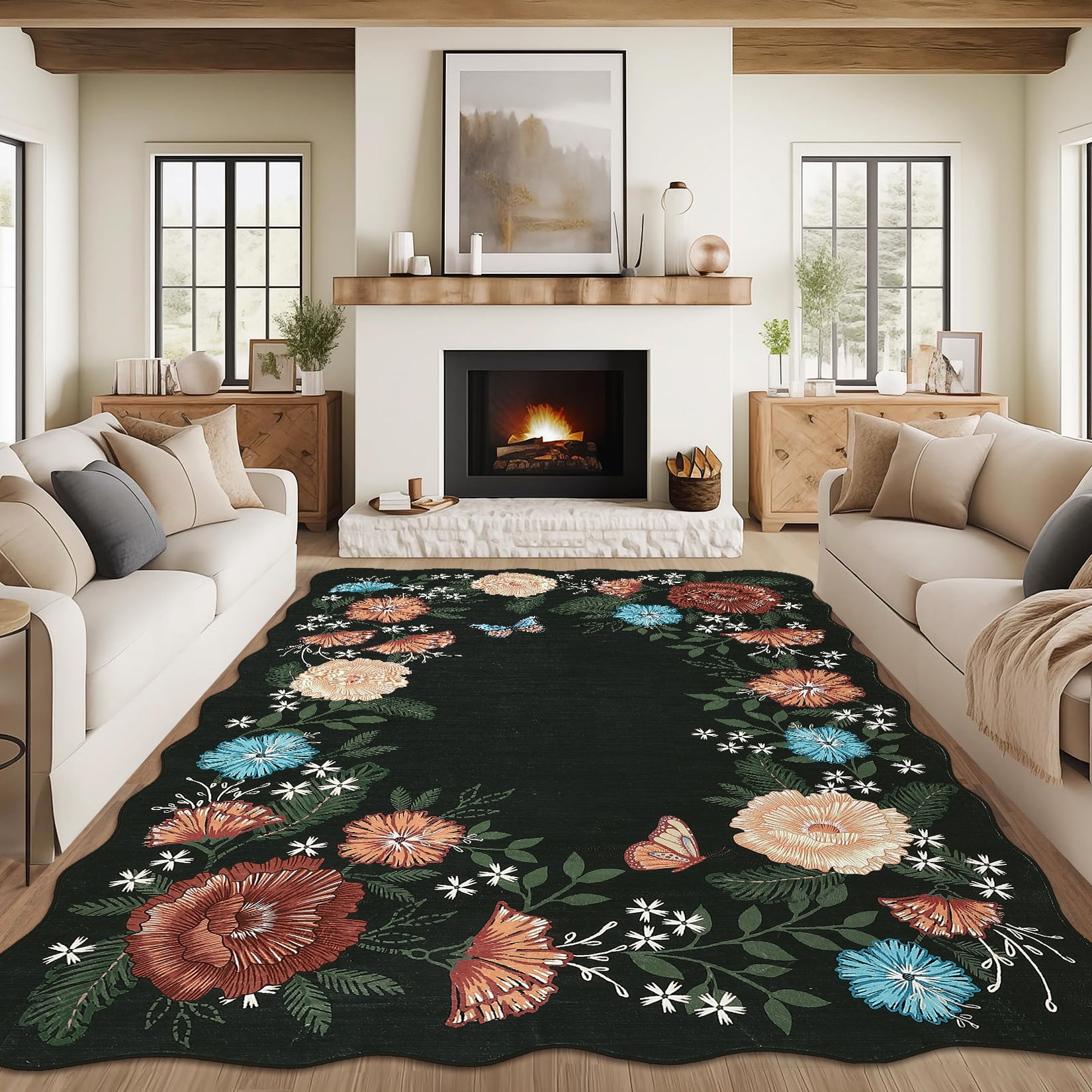 Garvee 10'x13' Floral Area Rugs, Washable Boho Rugs Ultra Soft Print Carpet, Non-Slip Low Pile Rug Stain Resistant Distressed Indoor Rugs for Living Room Bedroom Dining Room, Black