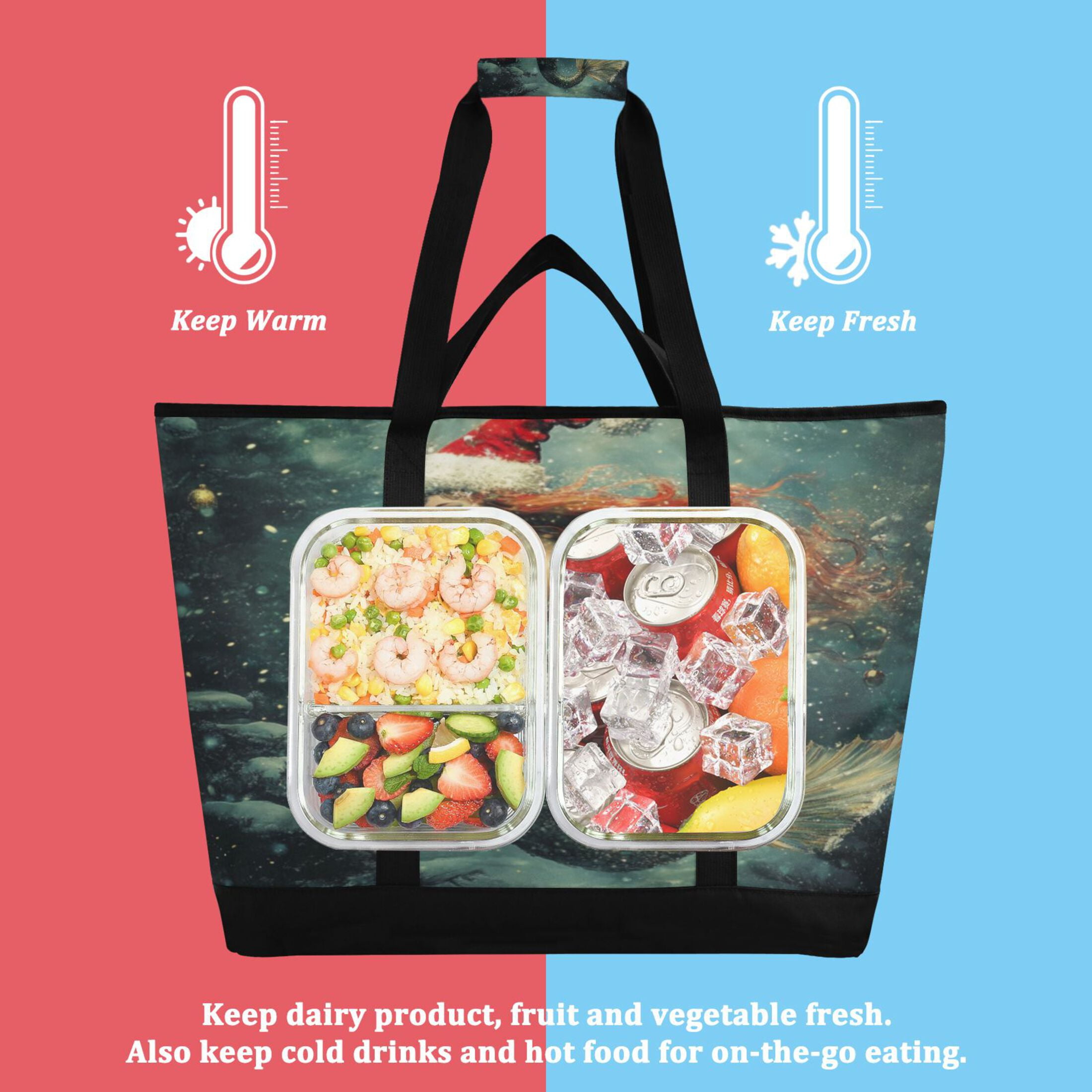 Large Hand-held Ice Pack Picnic Bag Insulation and Refrigeration Suitable for Shopping Picnics and Camping Christmas Lovely Mermaid