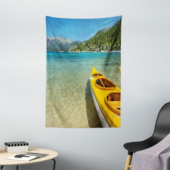 Lake Tahoe Tapestry, Extreme Sports in Wild Lakeside Places Scenic Activities, Wall Hanging for Bedroom Living Room Dorm Decor, 40W X 60L Inches, Turquoise Sky Blue Lime Green, by Ambesonne