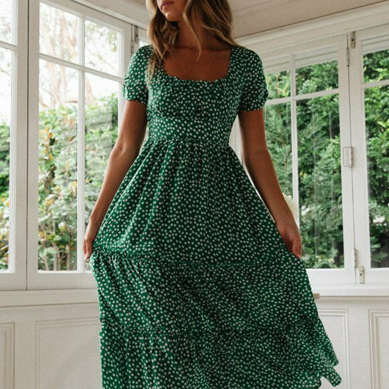 Women Dress Small Flower Print Patchwork A-line Flowy Hem Square Neck Short  Bubble Sleeves Pleated Shirring Dating Vacation Midi Dress -Green,S -  Walmart.com