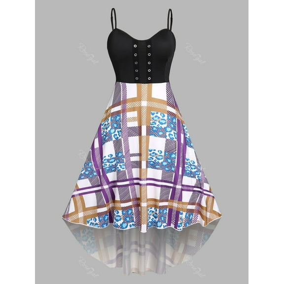 Rosegal Plus Size Mixed Print Eyelets Maxi High Low Dress