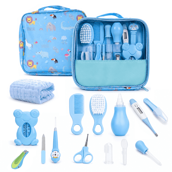 Byseng 14-in-1 Baby Grooming Kit, Newborn Care Essentials Set with Hair Brush, Comb, Nail Clippers, Nasal Aspirator & Travel Case, Blue