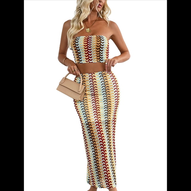 Conjunto de Dos Piezas de Vestido Tubo con Rayas de Colores para Mujer de Verano Amarillo S