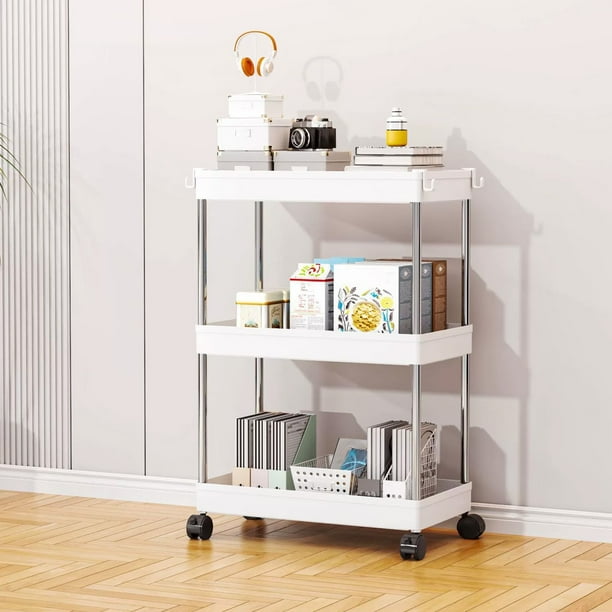 Estante Organizador Móvil de Tres Niveles para Rincones | Estante Organizador Multinivel con Poleas | Plástico Grueso | para Rincones de Cocina y Baño | Blanco | 37 X 13 X 60 Cm | 1 Unidad