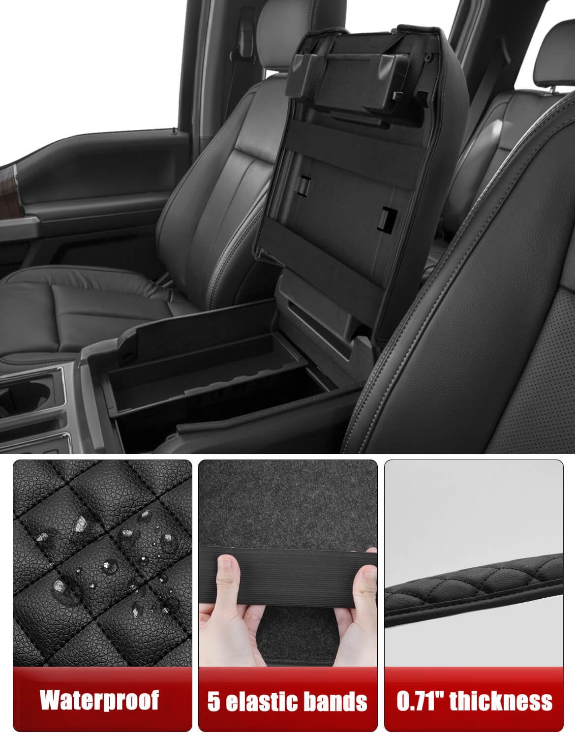KBH Ford Center Console Cover for 2015-2020 F150 Accessories, 2017-2022 F250-F550/2018-2024 Expedition, Black Leather Middle Console Cover Cushion Pad for Truck Interior (Bucket Seat)