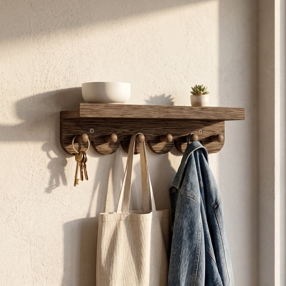 Wall Mount Coat Rack with Shelf, Sturdy Wooden Floating Shelf with 6 Hooks, Wall Organizer Siutable for Entryway, Mudroom,Kitchen, Bathroom