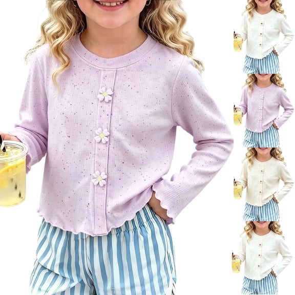 ITSAME Girls Long Sleeve Blouses Round Neck Cute Flower Ruffle Tops Kids Fashion Casual Shirt Purple Size 6