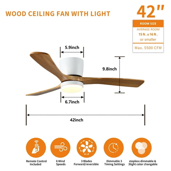 Tower Fan 42 inch Wood Ceiling Fans with Lights and Remote, Modern Flush Mount Low Profile Ceiling Fan with Light, 6 Speed, Reversible DC Motor, for Bedroom/Outdoor/Farmhouse/Patios,Box Fan