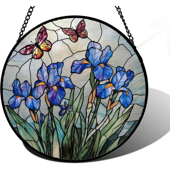 Stained Glass Window Hanging, Blue Iris Flowers Butterfly Suncatcher Diamond Colorful Glass Panel Sun Catchers Decor for Birthday for Women, Men, Wife, Aunt, and Mom