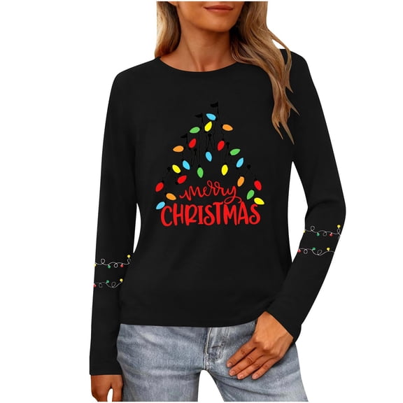 Christmas Tree Shirt Women Christmas Embroidered Trees Long Sleeve Shirts Gift Xmas Graphic Tee Tops