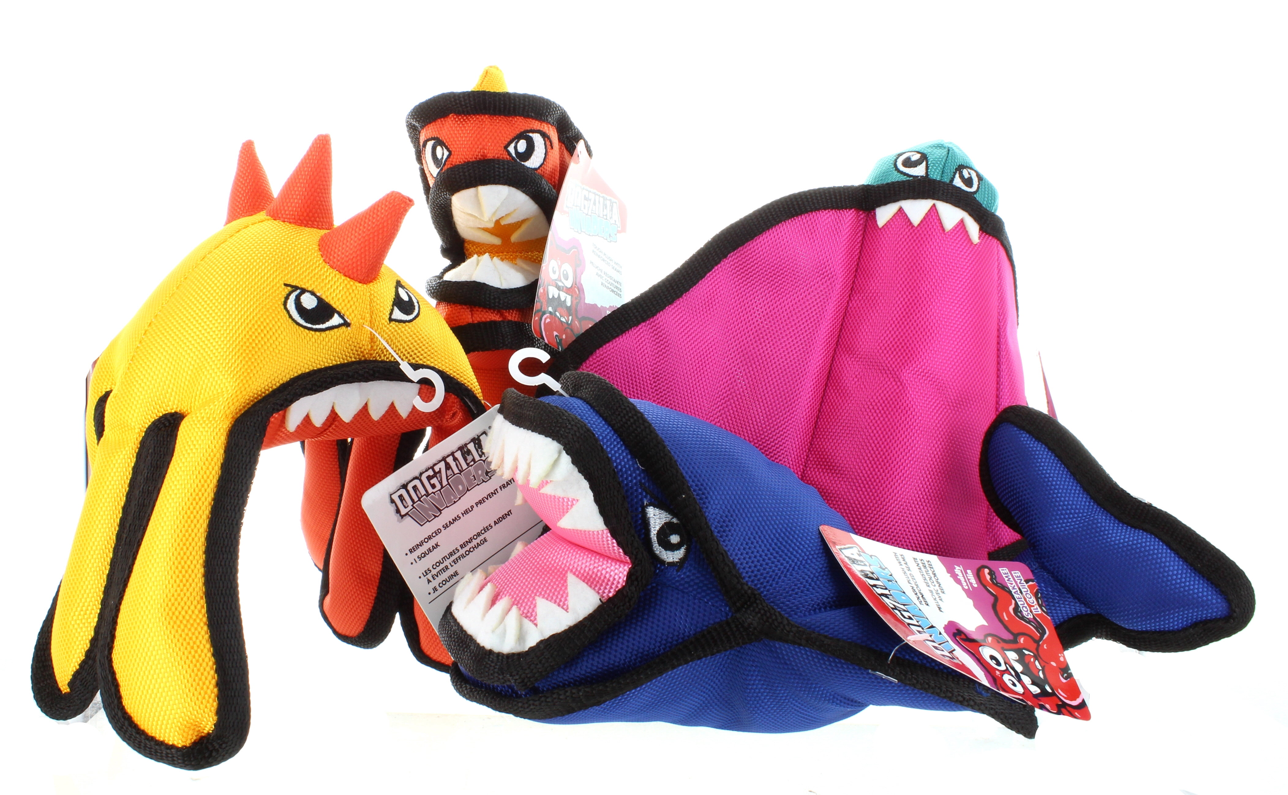 Set of 4 Dogzilla Invaders Dog Toys Tough Plush Pet Squeakers