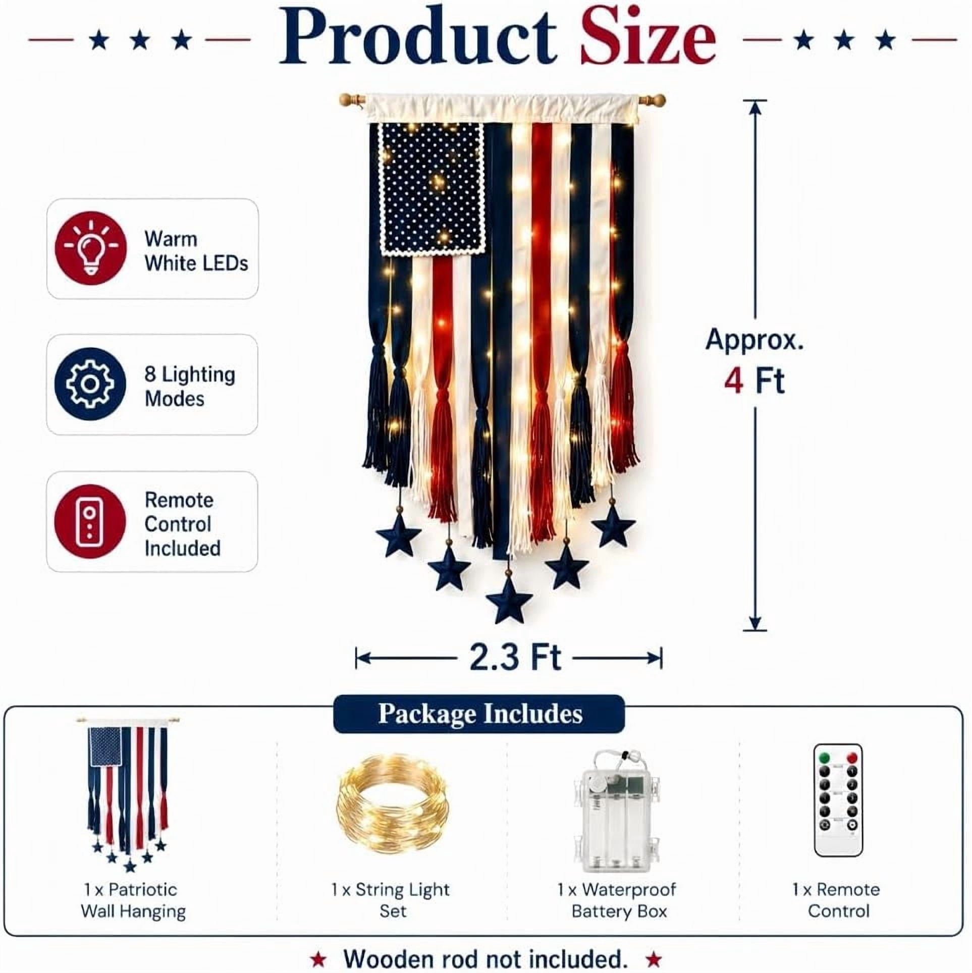 Lighted Patriotic American Flag Wall Hanging, 4 x 2.3 Ft Boho Flag with LED Lights, Retro Independence Day Bunting for Outdoor Indoor Home Porch Decor(xxw)