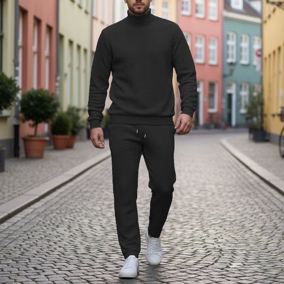 Handshe Men's High Neck Knit Sweater Set, Solid Color Long Sleeve, Warm and Casual Fashion for Daily Wear and Office