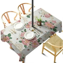 Outdoor Waterproof Pioneer Tablecloth with Umbrella Hole and Zipper, Vintage Pink Floral Rectangle Reusable Durable Decor Table Cover for Party Picnic Patio 60×102 Inch