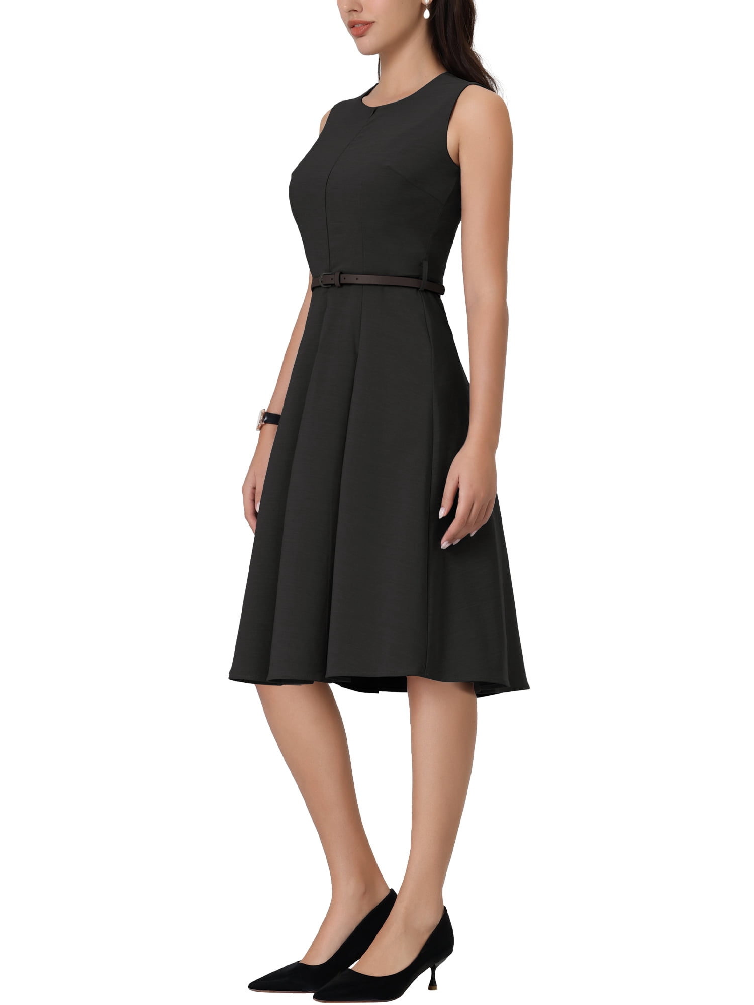 Unique Bargains Women's Sleeveless Dress Zip Up Belted Fit & Flare Work Dresses L Black