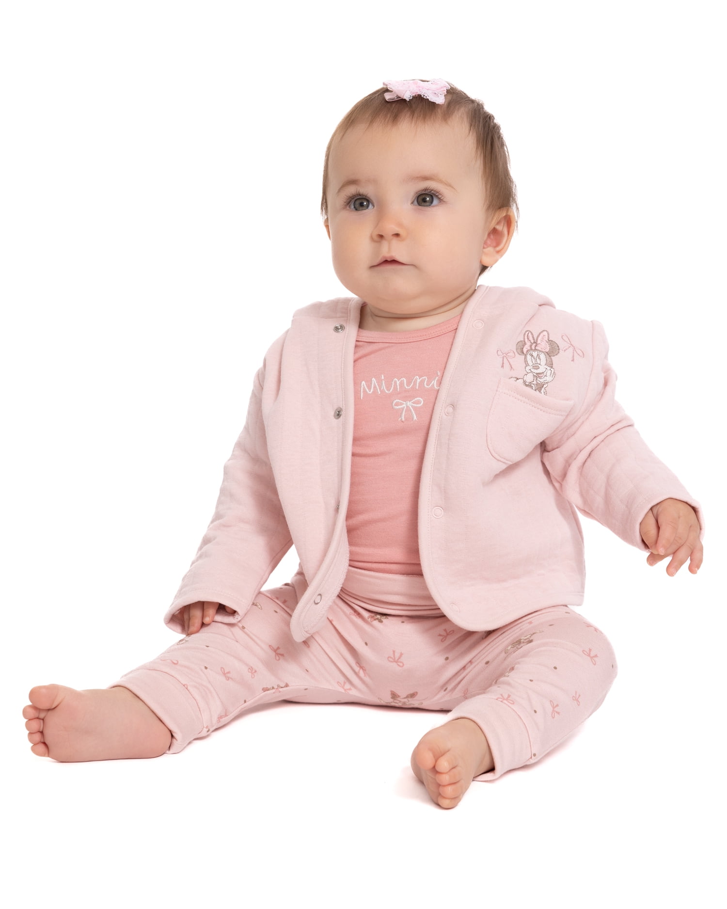 Disney Baby Wishes + Dreams Minnie Mouse Hooded Cardigan, Bodysuit and Pants Set, 3-Piece, Sizes 0/3M-18M