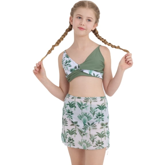 Ardorlove Girls Swimsuit 3 Pcs Tropical Print Bathing Suits Swimwear Cover Up Skirt Kids Teen Bathing Suit 7-16 Years