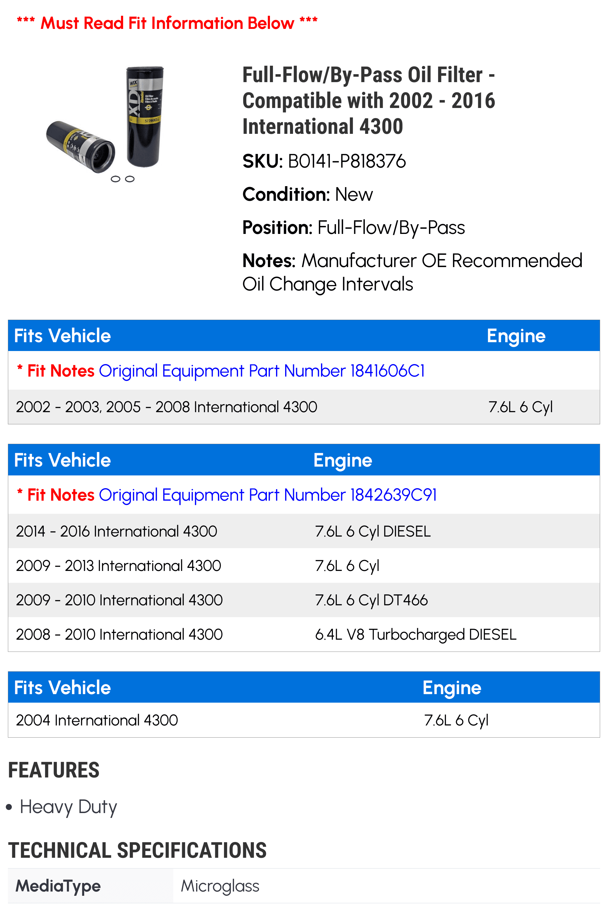 Full-Flow/By-Pass Oil Filter - Compatible with 2002 - 2016 International 4300 2003 2004 2005 2006 2007 2008 2009 2010 2011 2012 2013 2014 2015