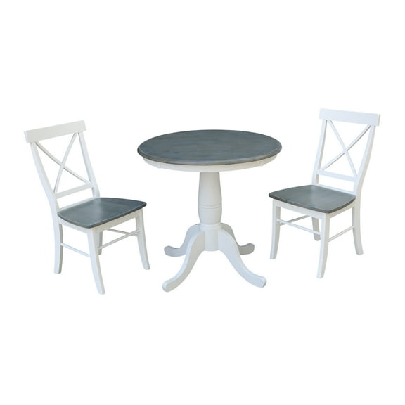 30'' Round Solid Wood Pedestal Dining Table with 2 Cross Back Dining Chairs in White/Heather Gray