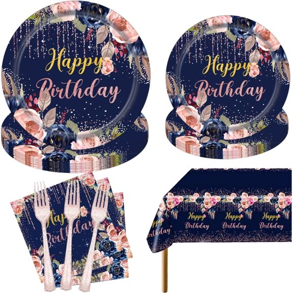 Birthday Decorations Set - 97 Pcs Navy Blue Rose Gold for Women Girls, Plates and Napkins, Tablecloth, Floral Paper Tableware, Party Supplies, Serves 24