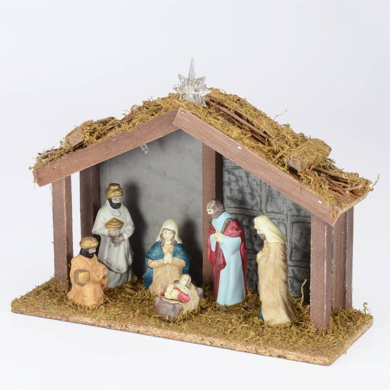 Nativity Set Wood Manger Christmas Jesus Moss Roof Mary Joesph
